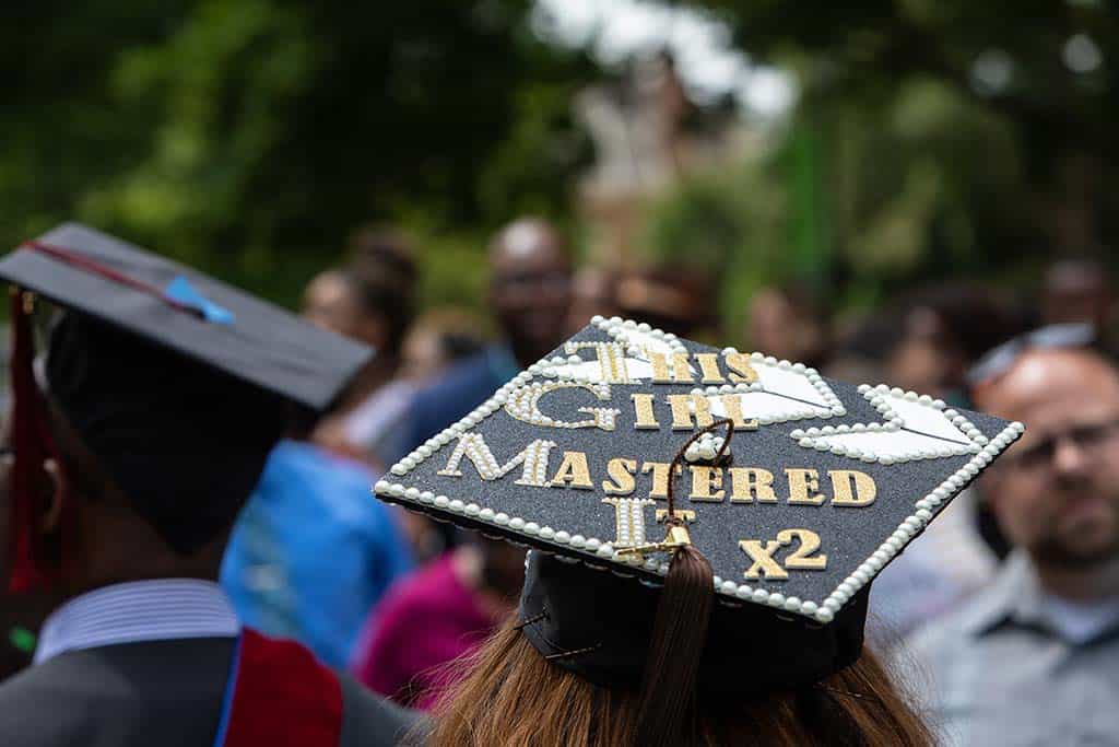 A graduate's hat at the Regent University commencement ceremony.
