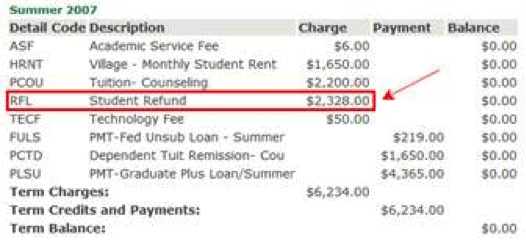 Student Refund appears in the account summary.