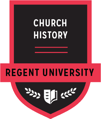 The Church History badge of Regent University.