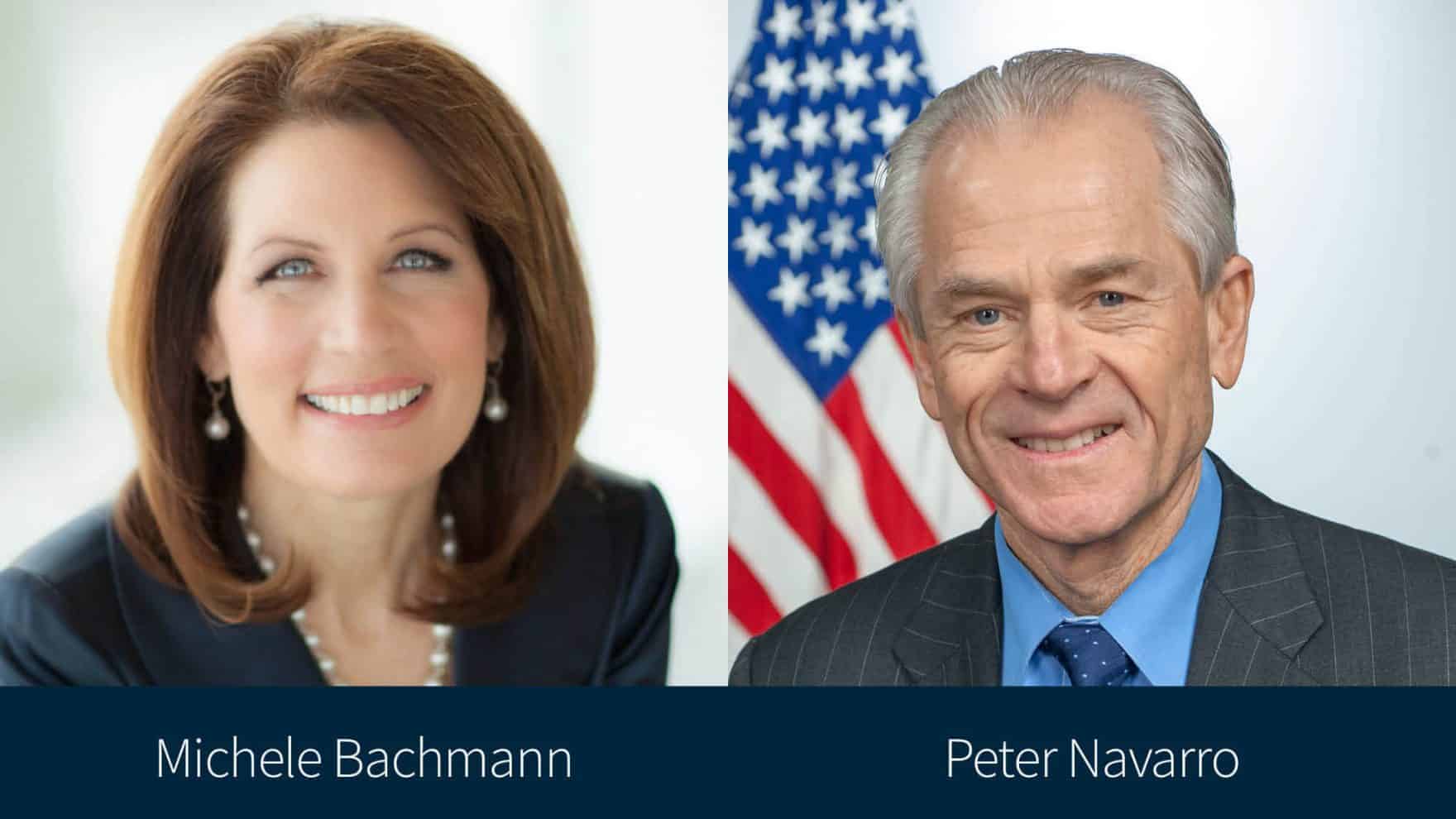 Michele Bachmann and Peter Navarro, the moderator and speaker of Regent University's election integrity online conference.