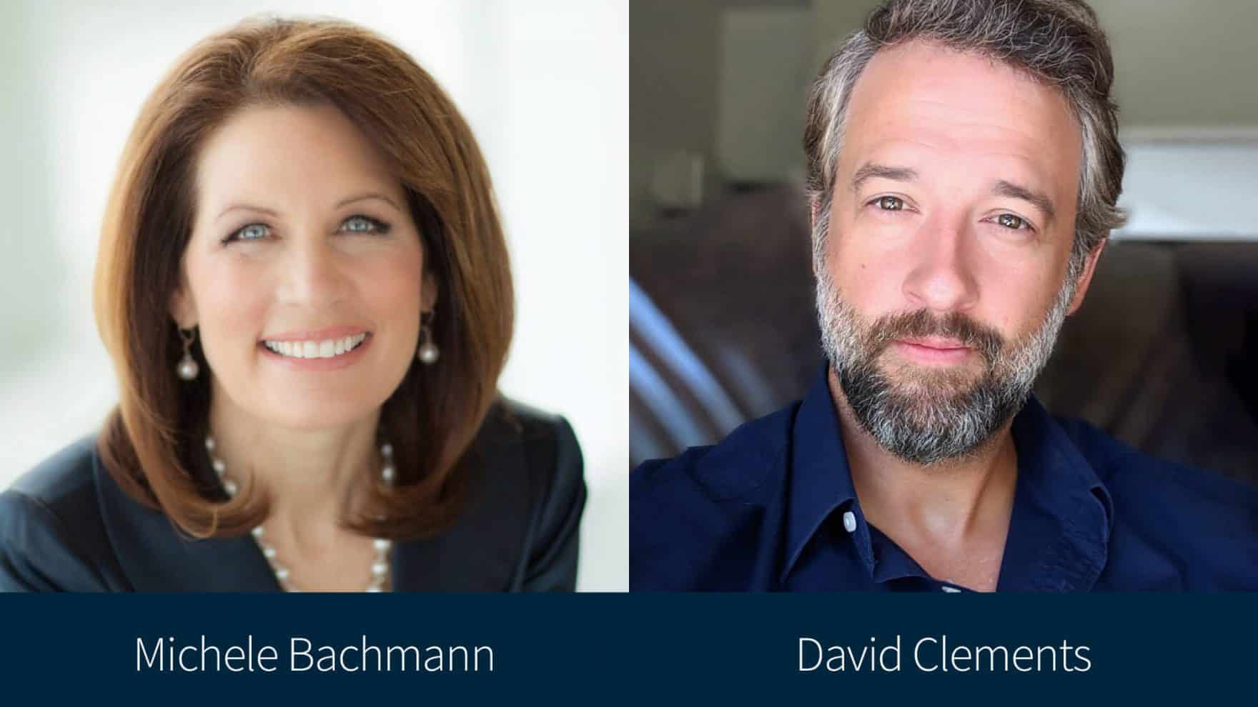 Michele Bachmann and David Clements, the moderator and a speaker of Regent University's conference on election integrity.