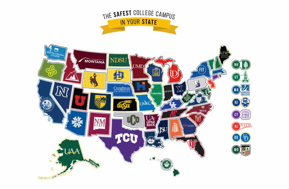 The safest college campus in your state: A map of USA that shows the safest college campus by state.