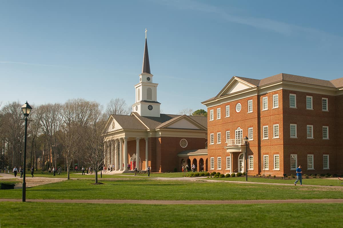 The chapel and Divinity Building of Regent, a top Virginia Beach college.