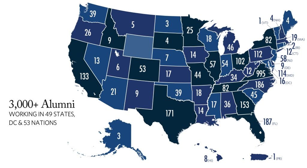3,000+ Alumni Working in 49 States, DC & 53 Nations