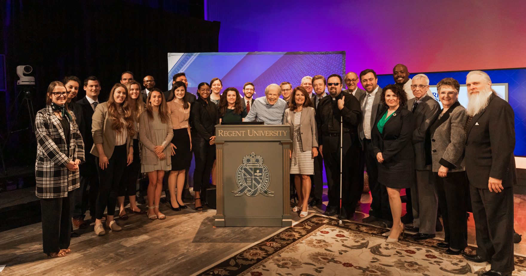 Dr. M.G. Pat Robertson with Dean Michele Bachmann and participants at the Chancellor’s Forum for Regent University’s Robertson School of Government, Virginia Beach, VA.
