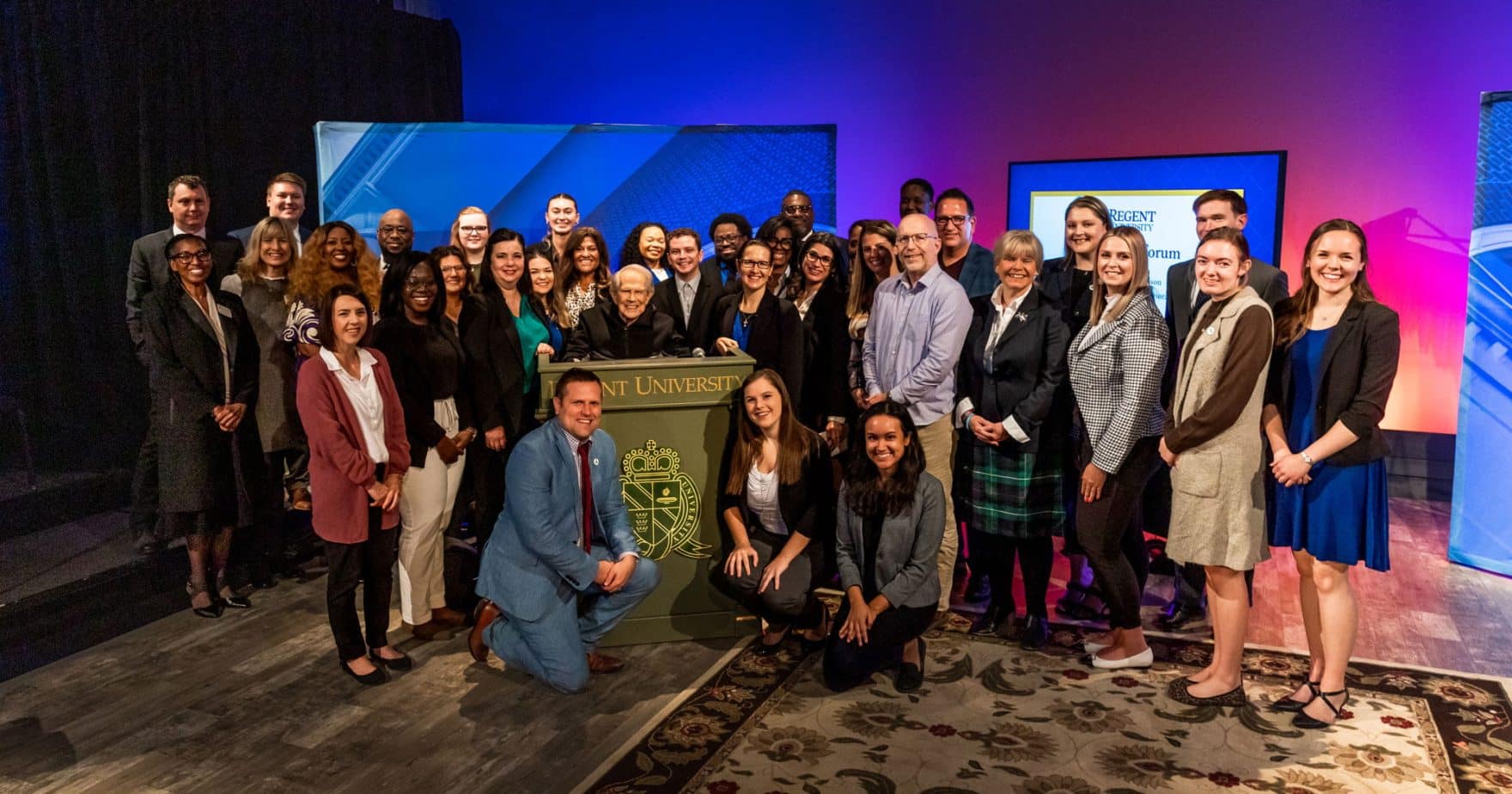 Dr. M.G. “Pat” Robertson with students at the College of Health & Behavioral Science’s Chancellor’s Forum.