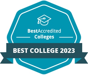 Badge for Best Accredited Colleges with ribbon that says "Best College 2023" for Regent University