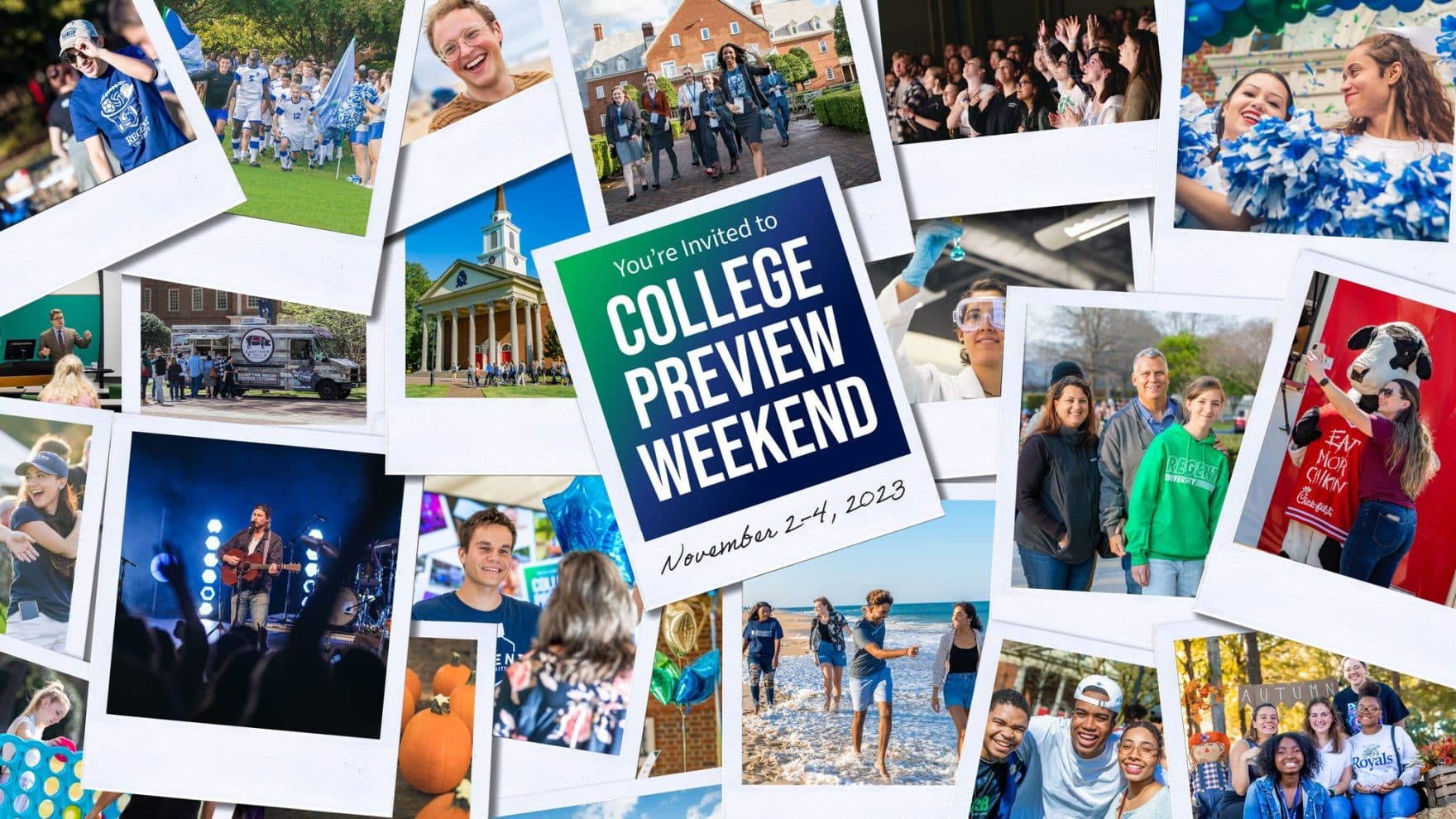 A collage of Regent University student life images: Explore College Preview Weekend.