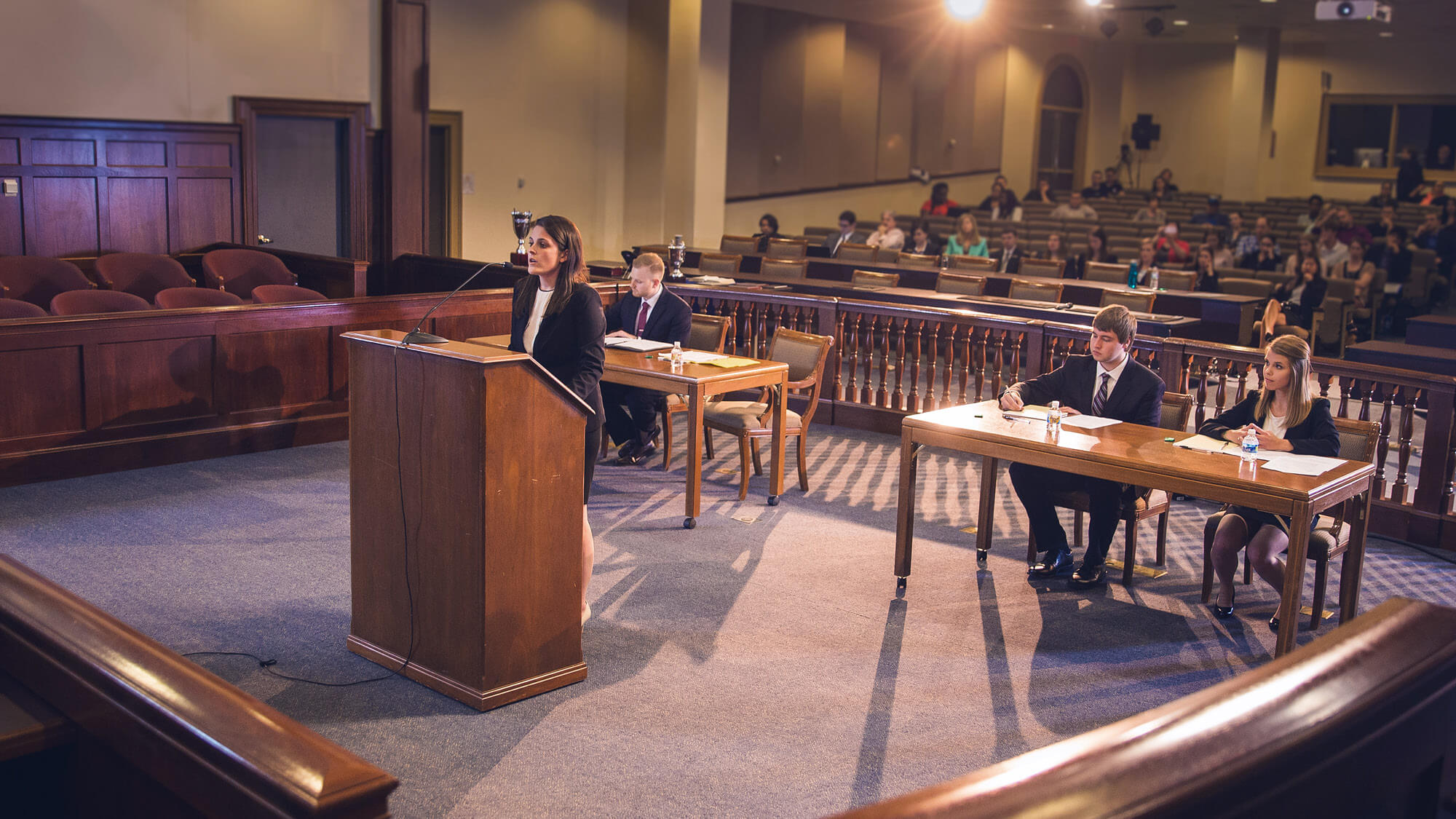 Students practicing in moot court for Christian law schools at Regent University.