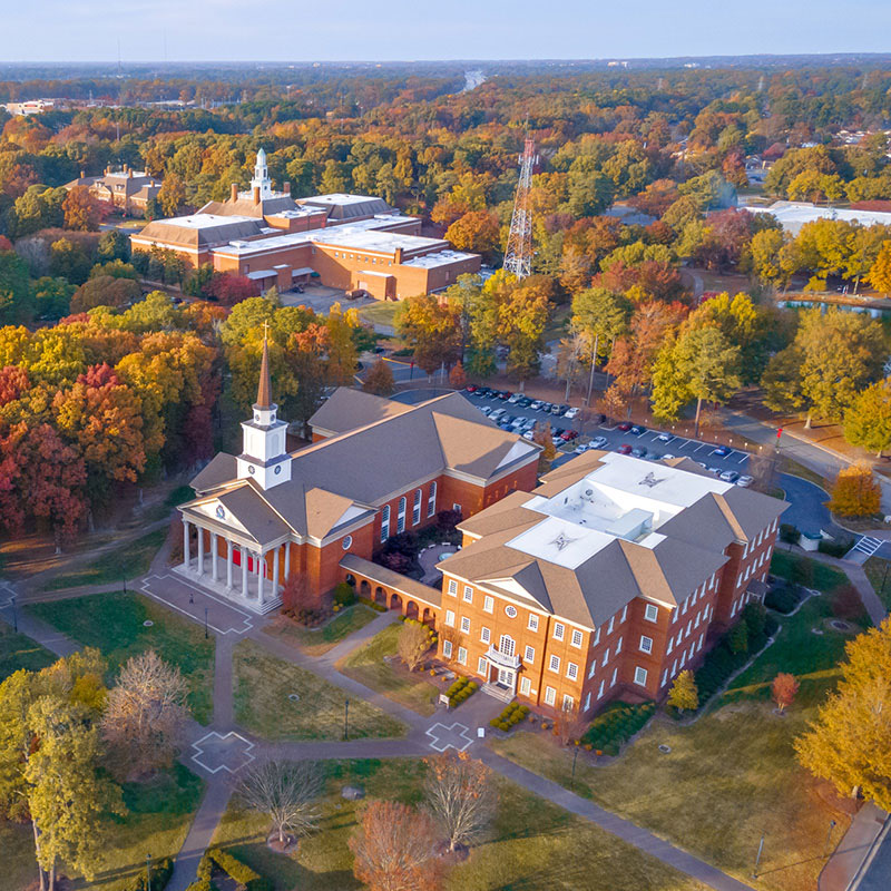 The front view of Regent University's Christian college chapel near Virginia Beach.