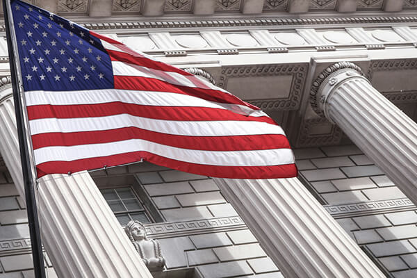 American flag outside a courtroom