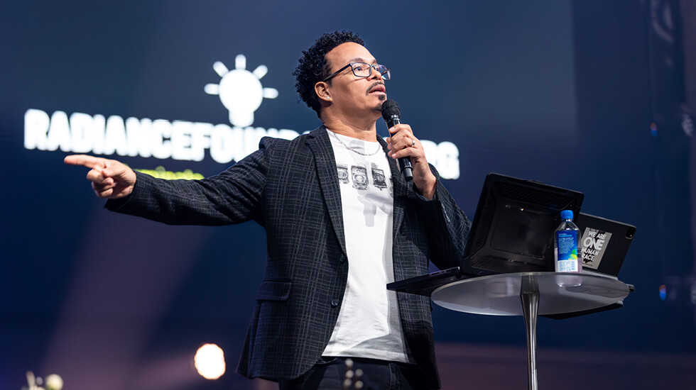 Ryan Bomberger speaking; Regent University alumnus, co-founder of the Radiance foundation