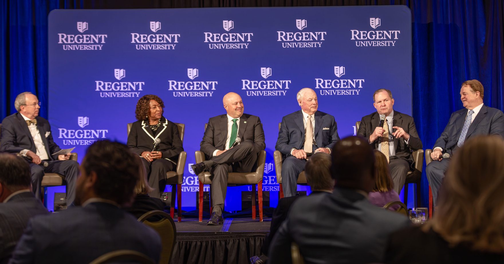 Panelists for Regent University's Executive Leadership Series at the Founder's Inn and Spa, located in Virginia Beach, Virginia.