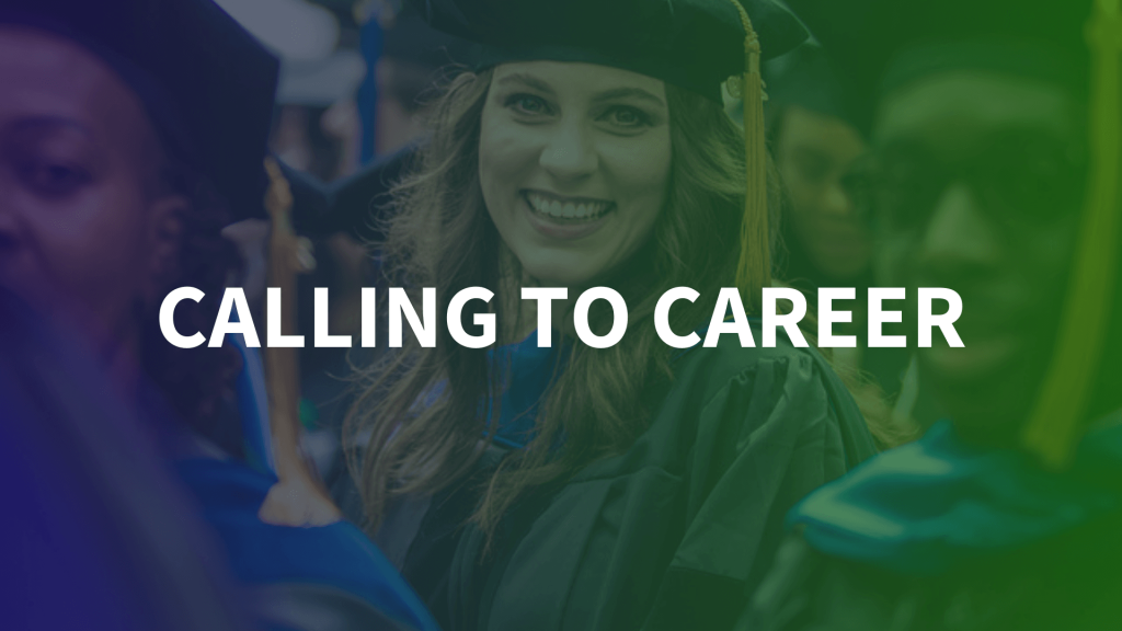 Calling to Career - A smiling young woman in graduation cap and gown celebrates at commencement ceremony with a gradient overlay transitioning from blue to green