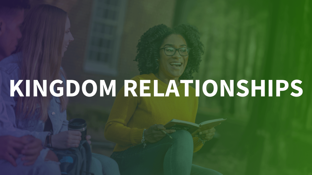 Kingdom Relationships - Two young women sit together outdoors, one holding a coffee cup and the other reading a book, engaged in conversation with a gradient overlay transitioning from blue to green