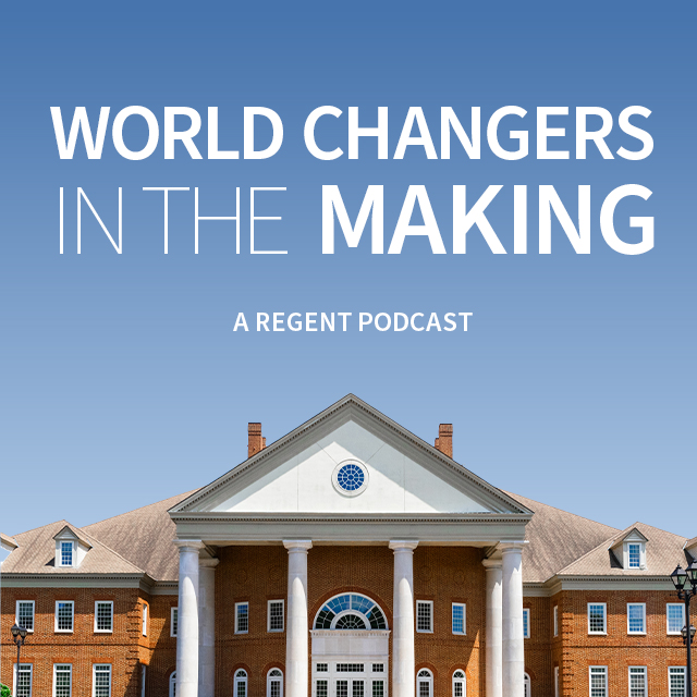 Regent University World Changers in the making with the Regent Communications building.