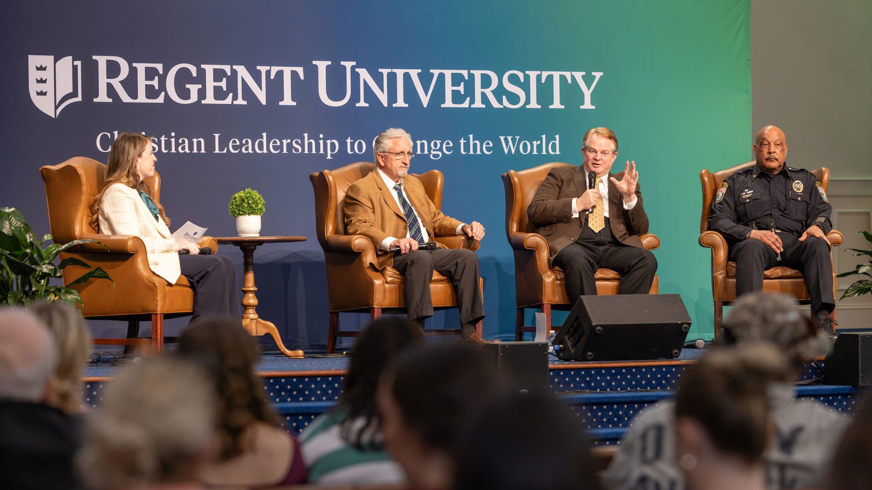Claire Foster, Ph.D., Excecutive Vice President of for Advancement & Enrollment; Joseph Umidi, D.Min., Executive Vice President for Student Life; Gordon Robertson, Chancellor, and Chris A. Mitchell Sr., Vice President and Chief of Police, all gathered to celebrate Founder's Day at Regent University.