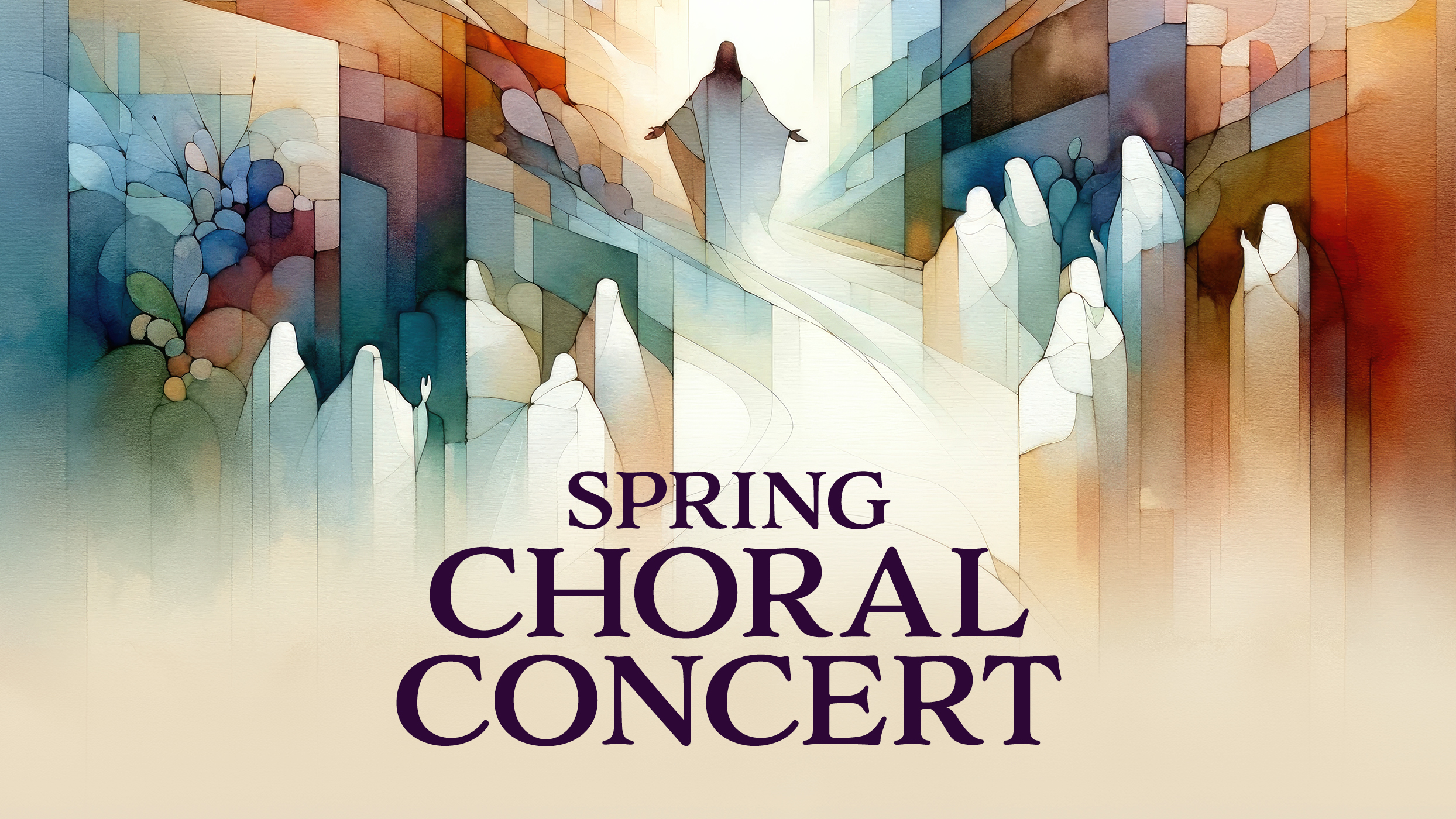 Spring Choral Concert — watercolor illustration of robed choral figures gathered around a central luminous figure