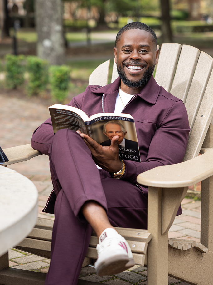 Anthony O'Neal sitting at the Dede Robertson Student Center