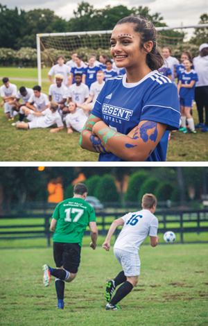Girl soccer player with faceprint, 2 male soccer player race to get the soccer ball