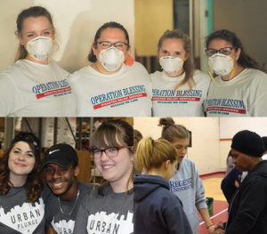 Regent University students in Operation Blessing shirts wearing masks for Hurricane Matthew relief work