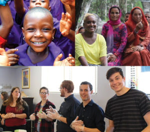Collage of Regent mission work - smiling children in Ghana, women in India, and students in counseling training