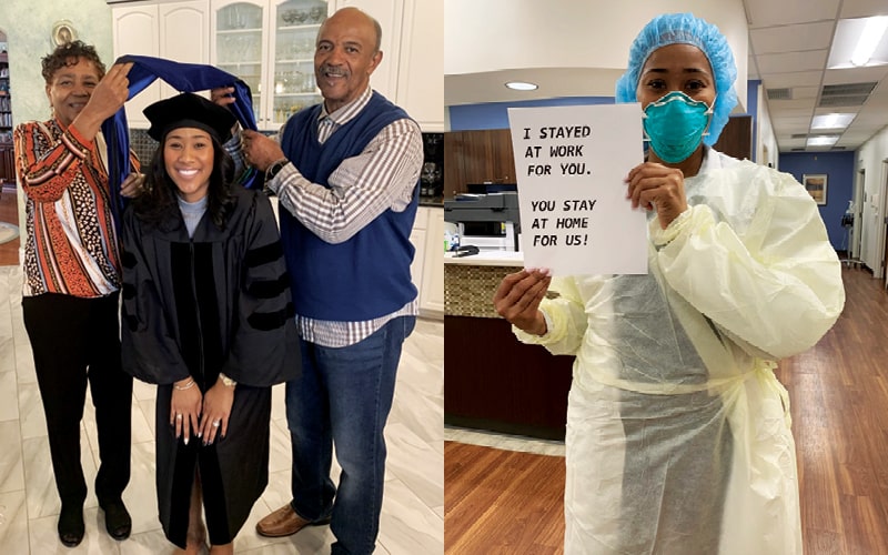 Keshia Brown in graduation regalia with family and in PPE as frontline healthcare worker