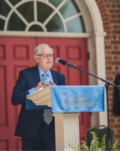 Jack Shaw speaking at podium during Shaw Chapel dedication ceremony
