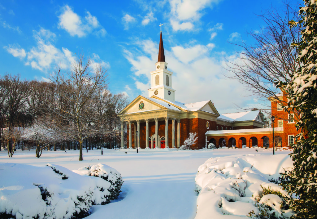 Regent University Chapel and School of Divinity covered in snow from Winter Storm Grayson