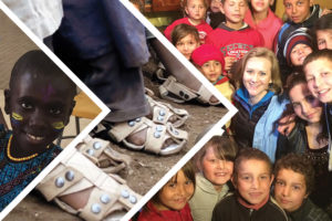 Collage of mission work showing African children smiling, children's feet being washed, and group of youth volunteers