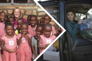 Collage showing missionary with smiling African schoolchildren in red gingham uniforms and woman in vehicle