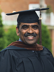 Shaker Rajasekar, Regent University School of Communication and the Arts MFA graduate in doctoral regalia