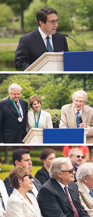Jay Sekulow speaking at podium, Joe and Cindy Gregory with Pat Robertson receiving Society of Crown and Shield medallions, and audience at ceremony