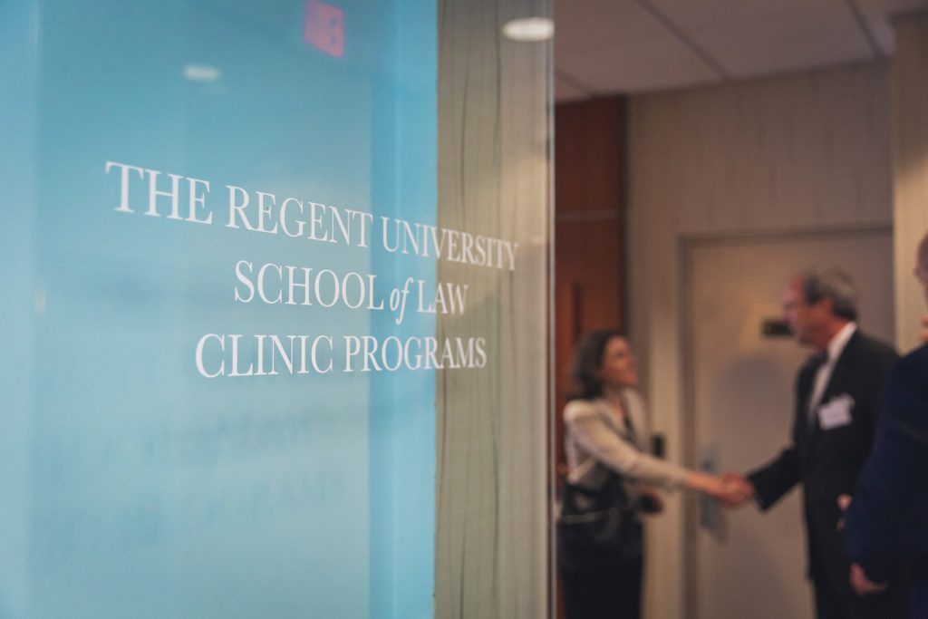 The Regent University School of Law Clinic Programs entrance sign