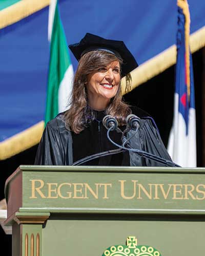 Ambassador Niki R. Haley giving Keynote speech at Regent University Commencement 2023.
