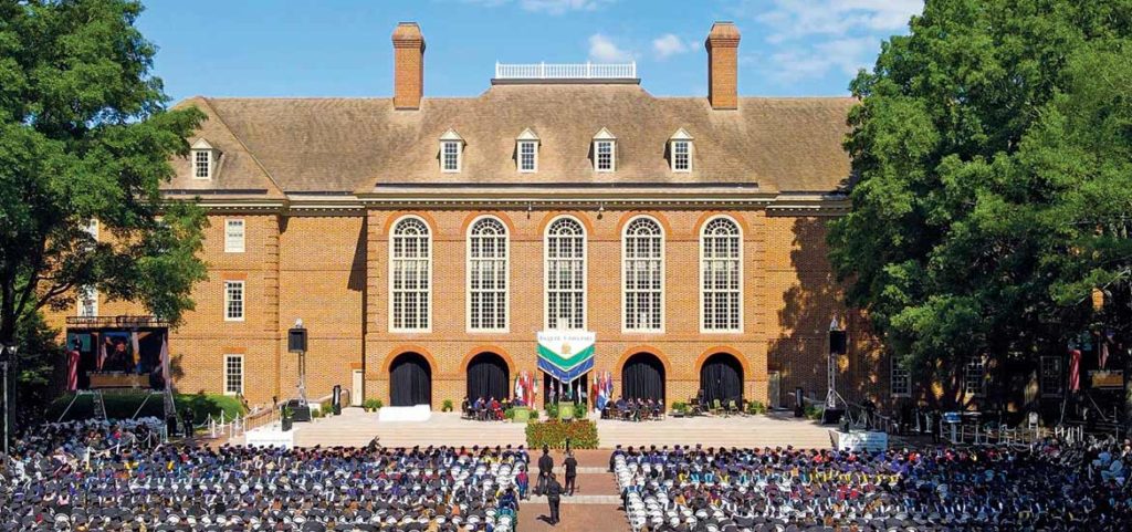An arial photo of the crowd and stage at Regent University's 2023 Commencement ceremony in Virginia Beach.