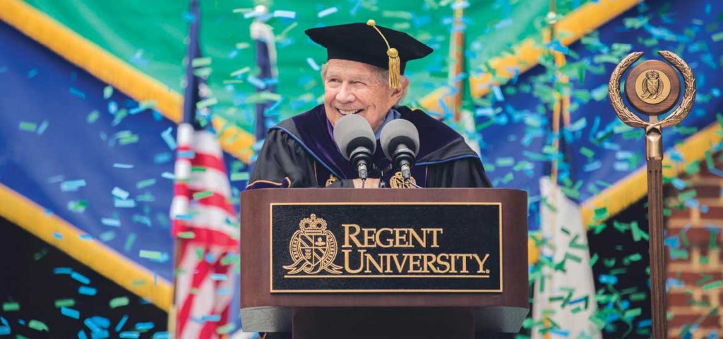 Dr. M.G. “Pat” Robertson speaking at a Regent University commencement ceremony.