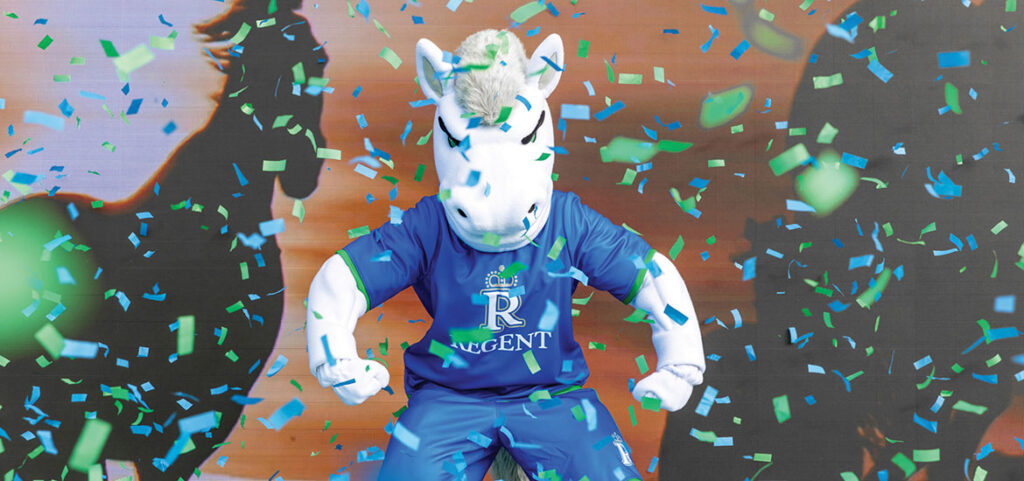 Regent University Mascot, Rex: "Royals Rise" campaign supports new athletic growth.
